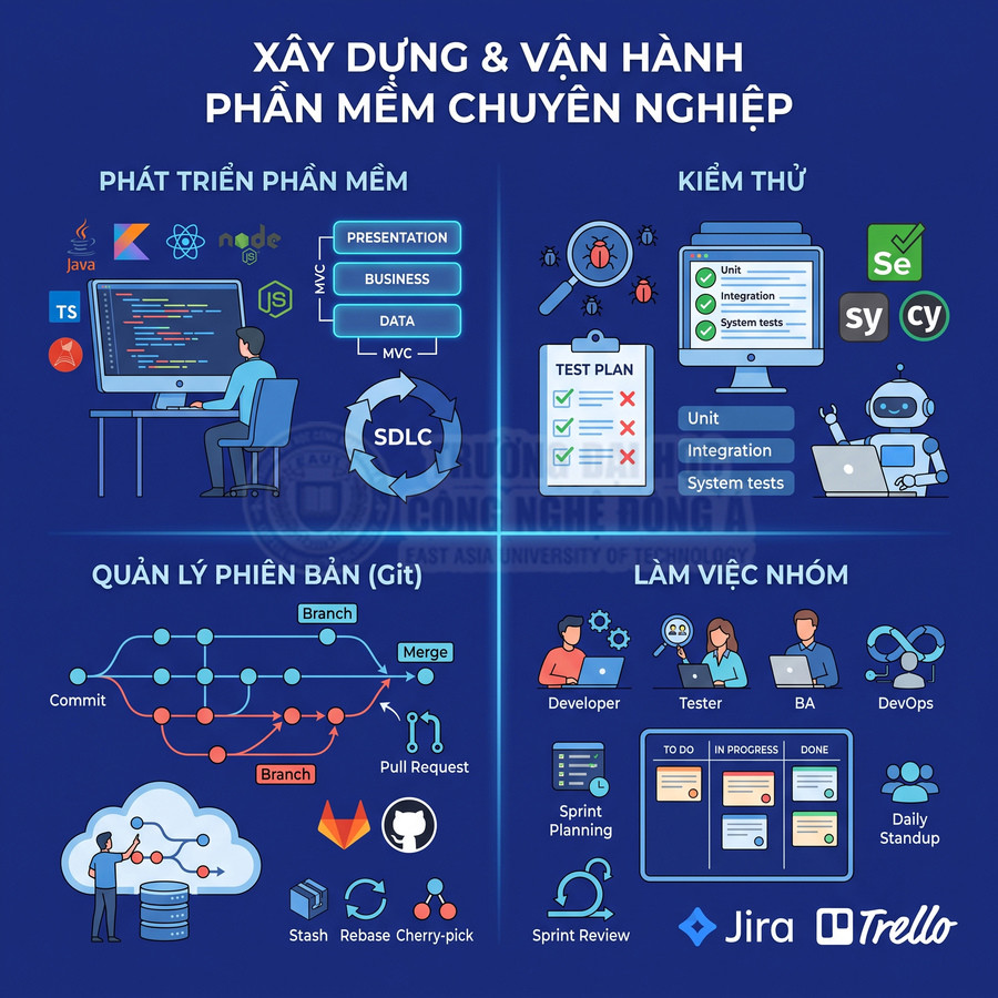 Mô hình quy trình xây dựng và vận hành phần mềm chuyên nghiệp với phát triển, kiểm thử, Git và làm việc nhóm