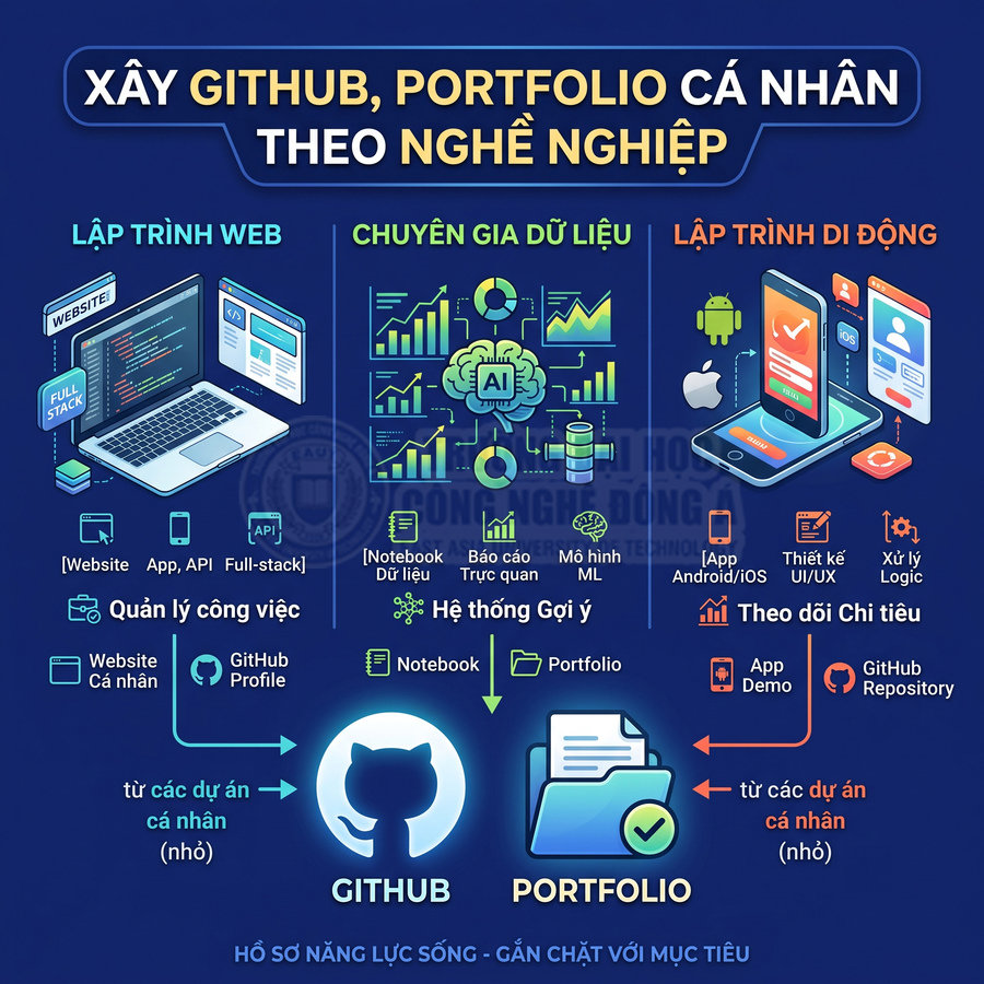 Infographic hướng dẫn xây GitHub và portfolio cá nhân cho lập trình web, dữ liệu và lập trình di động