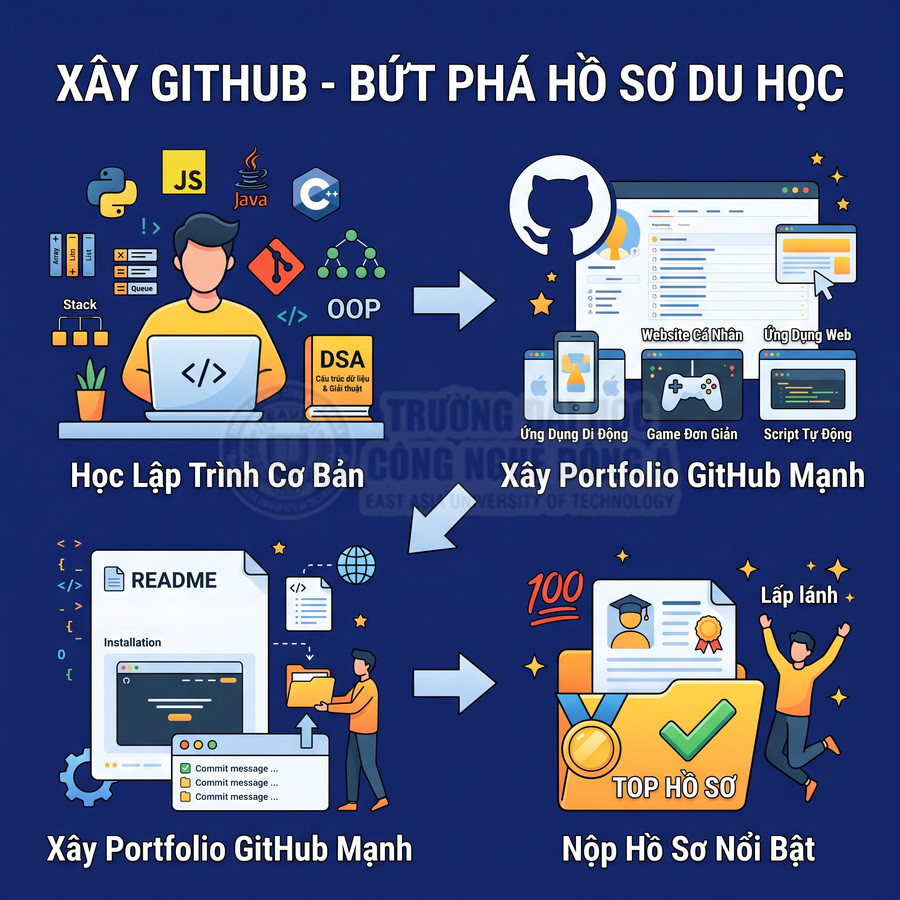 Poster hướng dẫn xây GitHub và portfolio lập trình mạnh để làm hồ sơ du học nổi bật