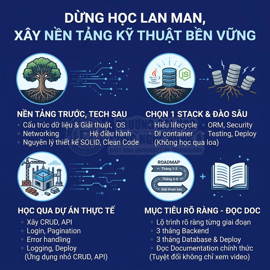 Infographic lộ trình học lập trình backend, xây nền tảng kỹ thuật vững và học qua dự án thực tế