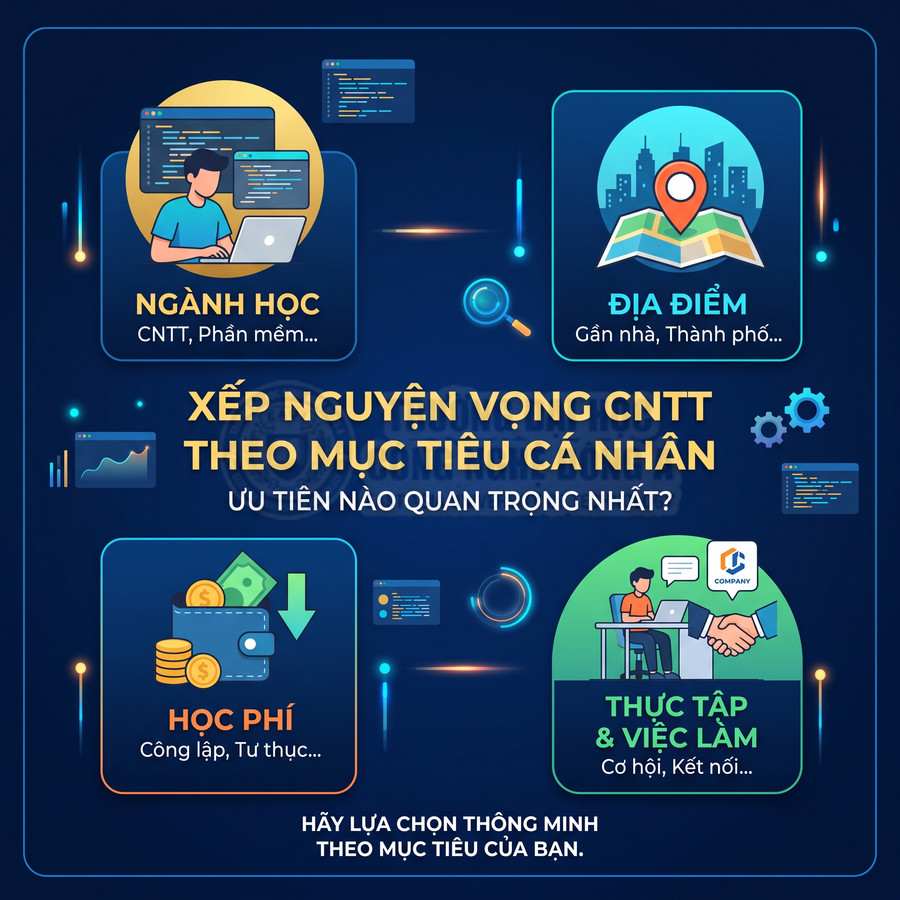 Xếp nguyện vọng ngành CNTT theo ngành học, địa điểm, học phí, cơ hội thực tập và việc làm