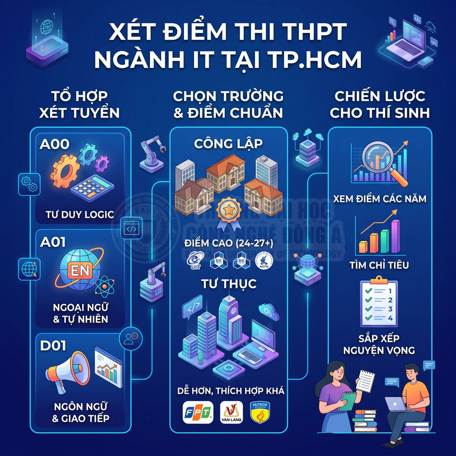 Infographic xét điểm thi THPT ngành IT tại TP.HCM với tổ hợp xét tuyển, chọn trường và chiến lược cho thí sinh