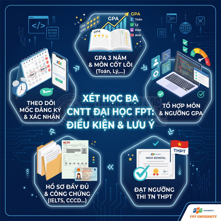 Infographic điều kiện xét học bạ ngành CNTT Đại học FPT với GPA, tổ hợp môn, hồ sơ và ngưỡng thi THPT