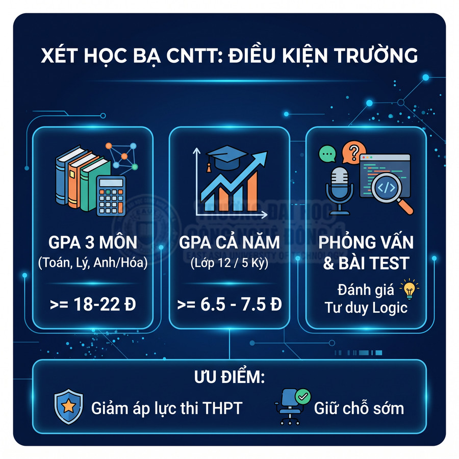 Infographic điều kiện xét học bạ ngành CNTT với yêu cầu GPA, phỏng vấn bài test và ưu điểm giảm áp lực thi THPT