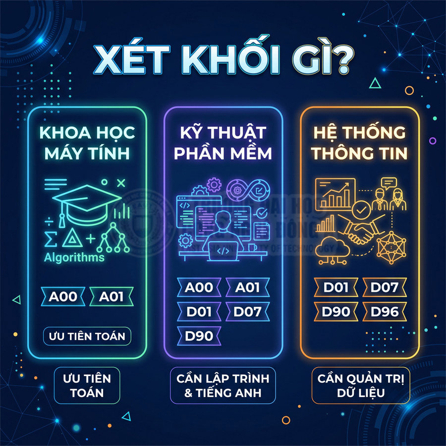 Infographic các khối xét tuyển ngành khoa học máy tính, kỹ thuật phần mềm, hệ thống thông tin và tổ hợp môn A00 A01 D01 D07 D90 D96