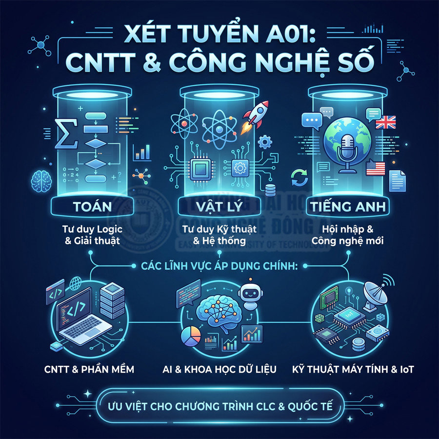 Poster xét tuyển khối A01 ngành CNTT và công nghệ số, nêu các môn Toán, Vật lý, Tiếng Anh và lĩnh vực ứng dụng AI, IoT