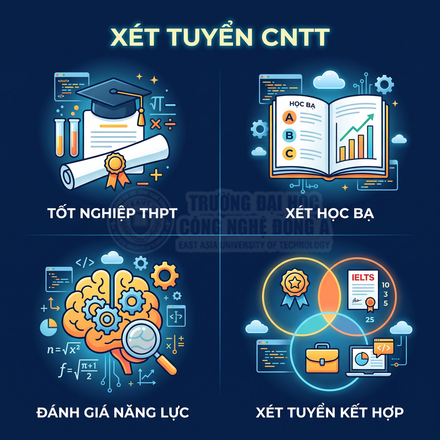 Poster xét tuyển ngành CNTT với các phương thức tốt nghiệp THPT, xét học bạ, đánh giá năng lực, xét tuyển kết hợp