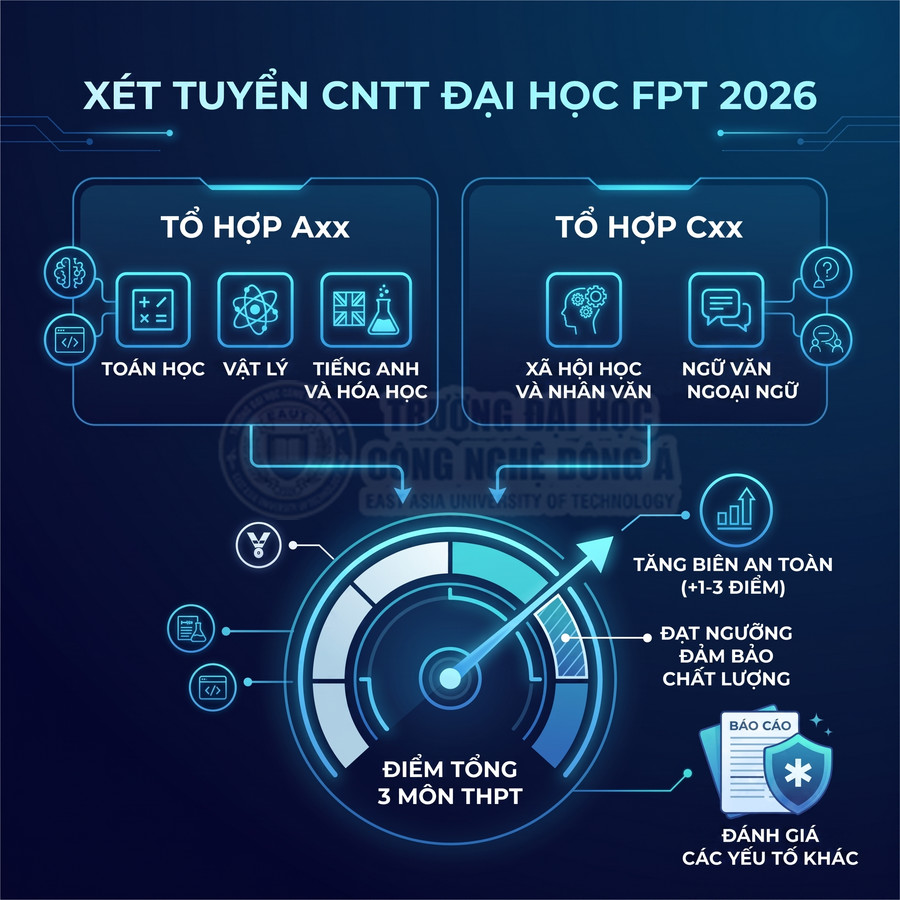 Infographic xét tuyển ngành CNTT Đại học FPT 2026 với các tổ hợp môn Axx, Cxx và cách tính điểm THPT