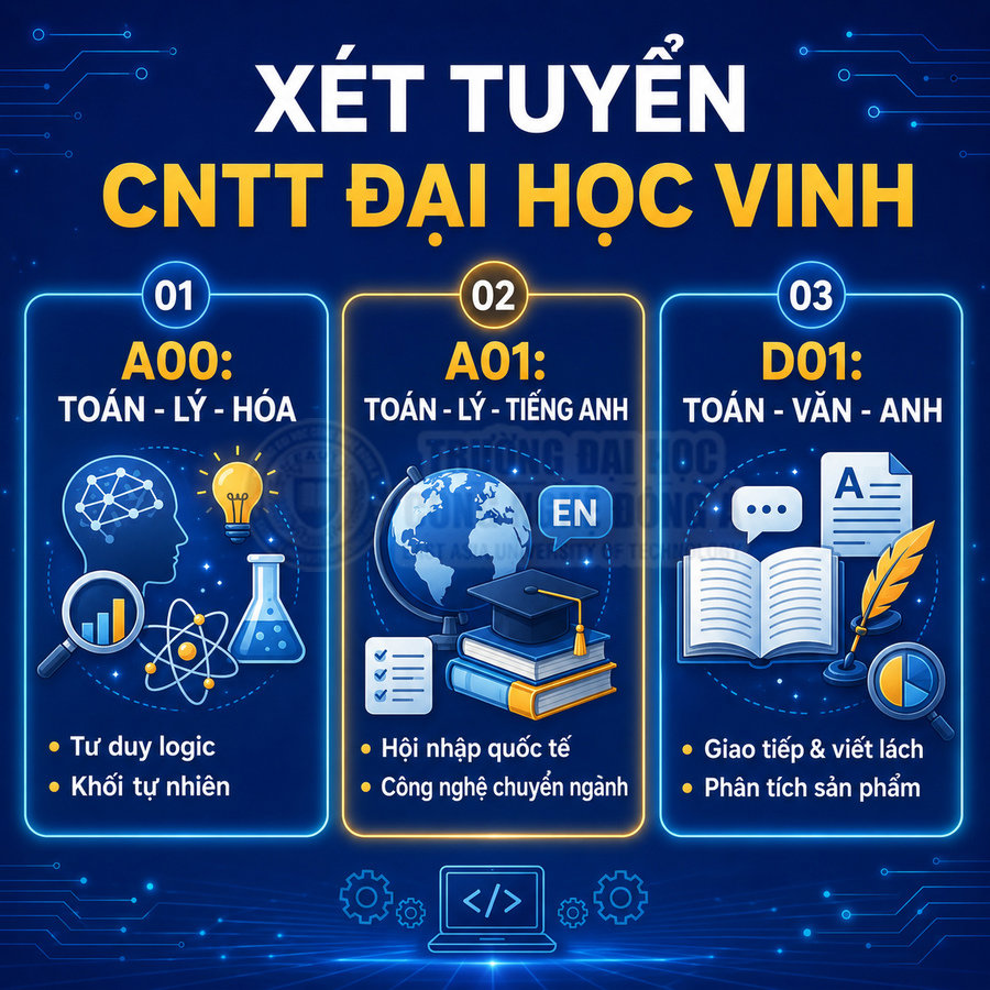 Poster xét tuyển ngành Công nghệ thông tin Đại học Vinh với các tổ hợp A00 A01 D01 và lợi thế từng khối