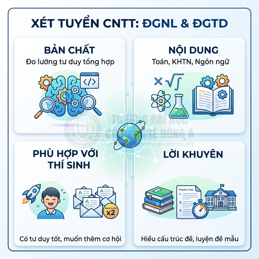 Infographic xét tuyển CNTT bằng ĐGNL và ĐGTD, nêu bản chất, nội dung, đối tượng phù hợp và lời khuyên ôn tập