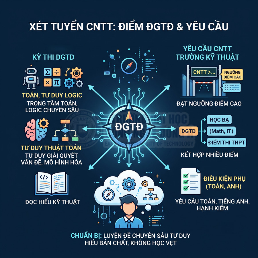 Infographic xét tuyển CNTT bằng điểm ĐGTD, yêu cầu tư duy logic, thuật toán, đọc hiểu kỹ thuật và điều kiện Toán Anh