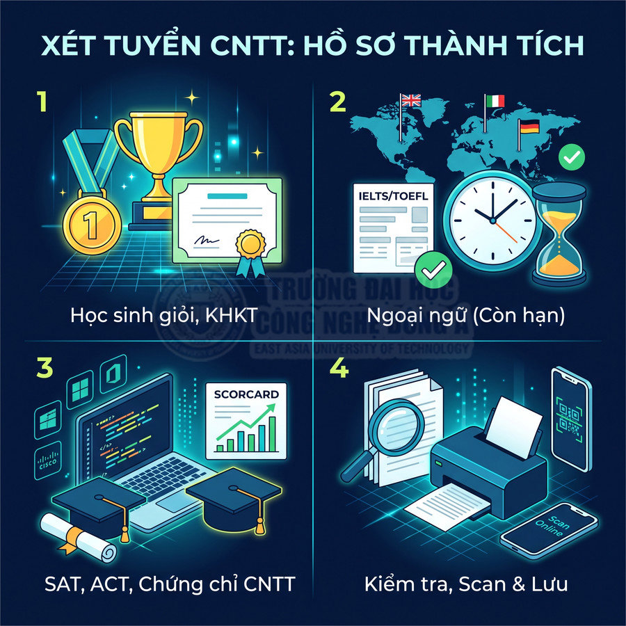 Infographic xét tuyển CNTT với các mục hồ sơ thành tích, chứng chỉ và hướng dẫn kiểm tra scan lưu tài liệu
