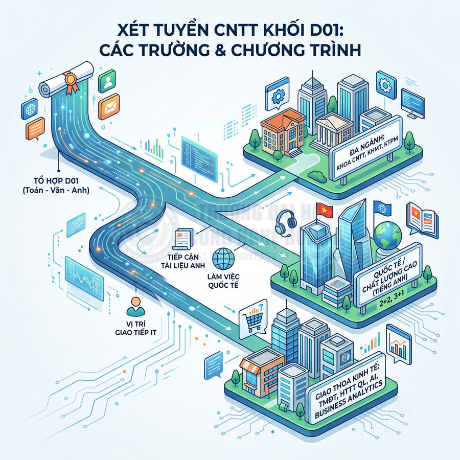 Đồ họa giới thiệu xét tuyển ngành công nghệ thông tin khối D01 với các trường và chương trình đào tạo quốc tế
