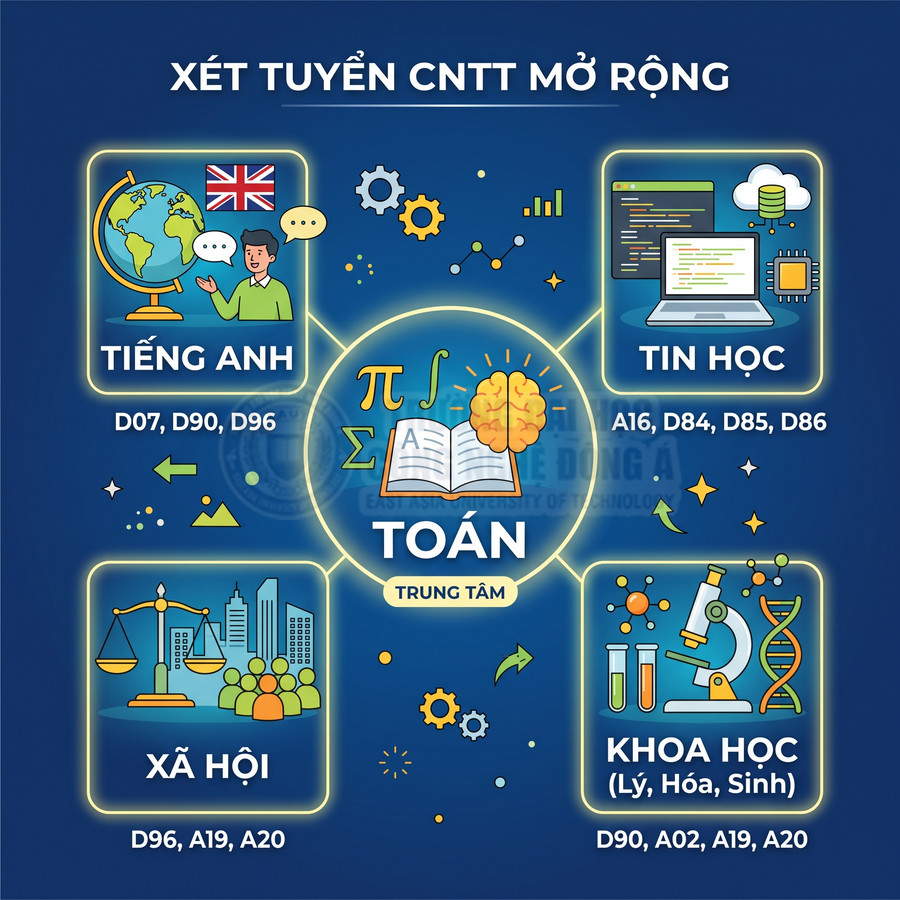 Poster xét tuyển CNTT mở rộng với các tổ hợp môn Toán trung tâm, Tiếng Anh, Tin học, Xã hội, Khoa học