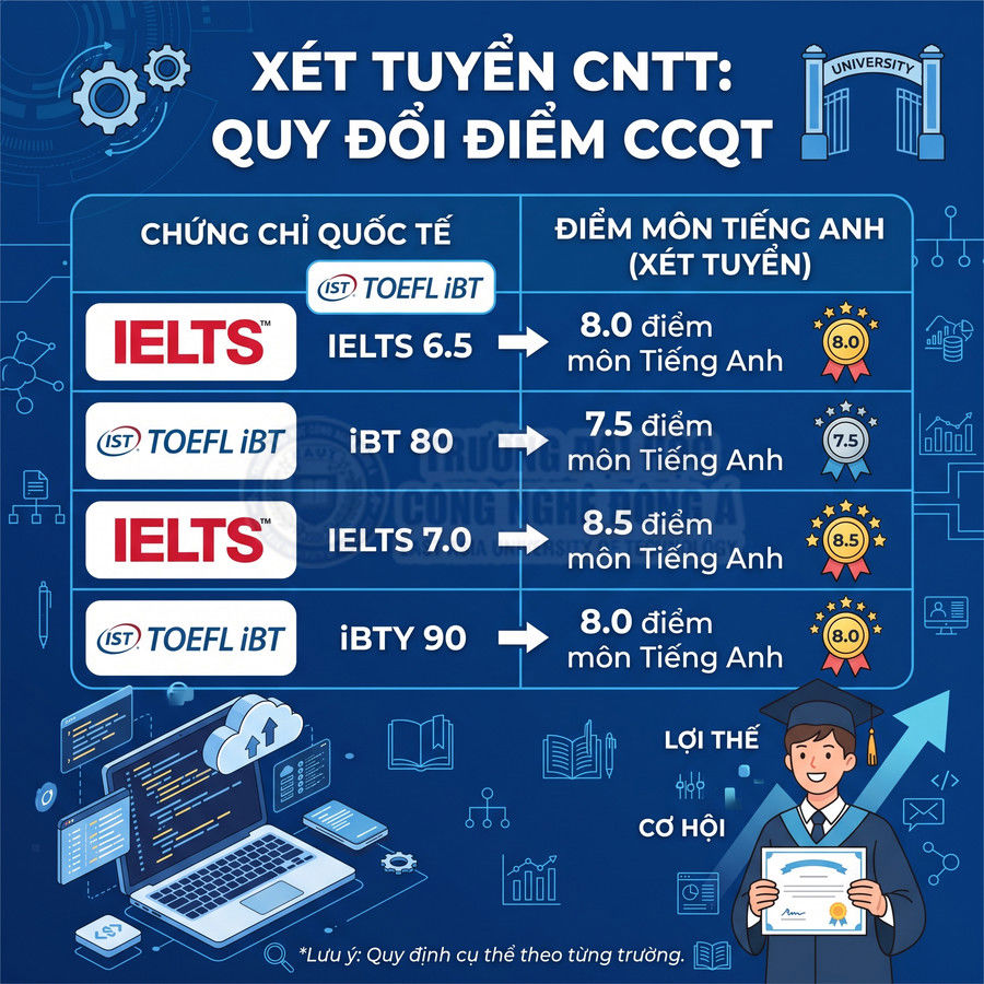 Bảng quy đổi điểm IELTS TOEFL iBT sang điểm môn Tiếng Anh khi xét tuyển ngành CNTT