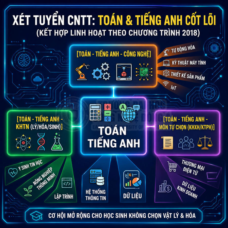 Infographic tuyển sinh CNTT với tổ hợp Toán và Tiếng Anh cốt lõi và các ngành học liên quan