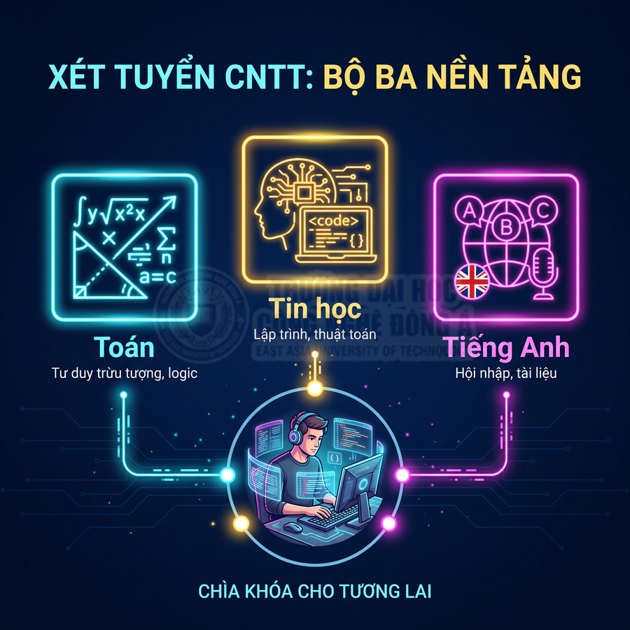 Infographic xét tuyển CNTT với ba nền tảng Toán Tin học Tiếng Anh và hình minh họa sinh viên lập trình