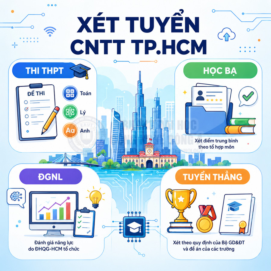 Infographic các phương thức xét tuyển ngành công nghệ thông tin tại TP HCM gồm thi THPT, học bạ, ĐGNL, tuyển thẳng