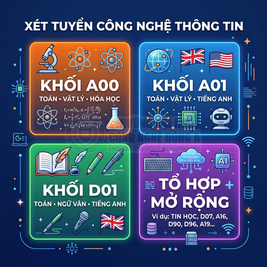 Infographic các khối xét tuyển công nghệ thông tin A00 A01 D01 và tổ hợp mở rộng với biểu tượng khoa học và CNTT
