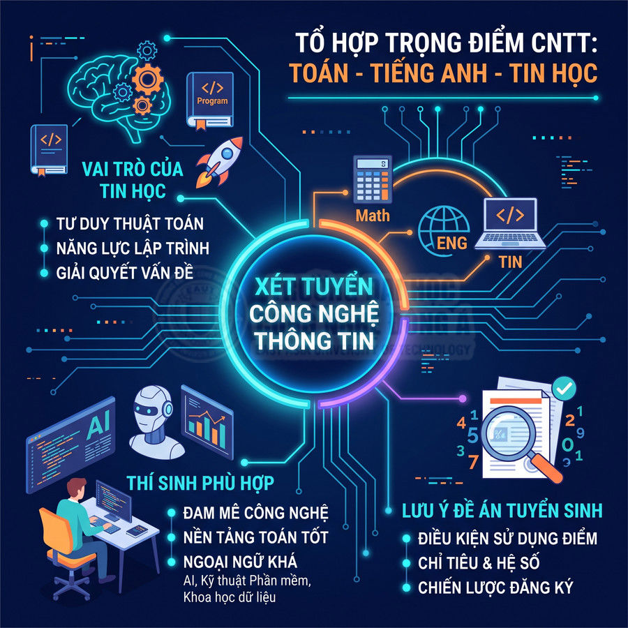 Poster tuyển sinh ngành công nghệ thông tin, nhấn mạnh tổ hợp Toán Tiếng Anh Tin học và tiêu chí thí sinh phù hợp