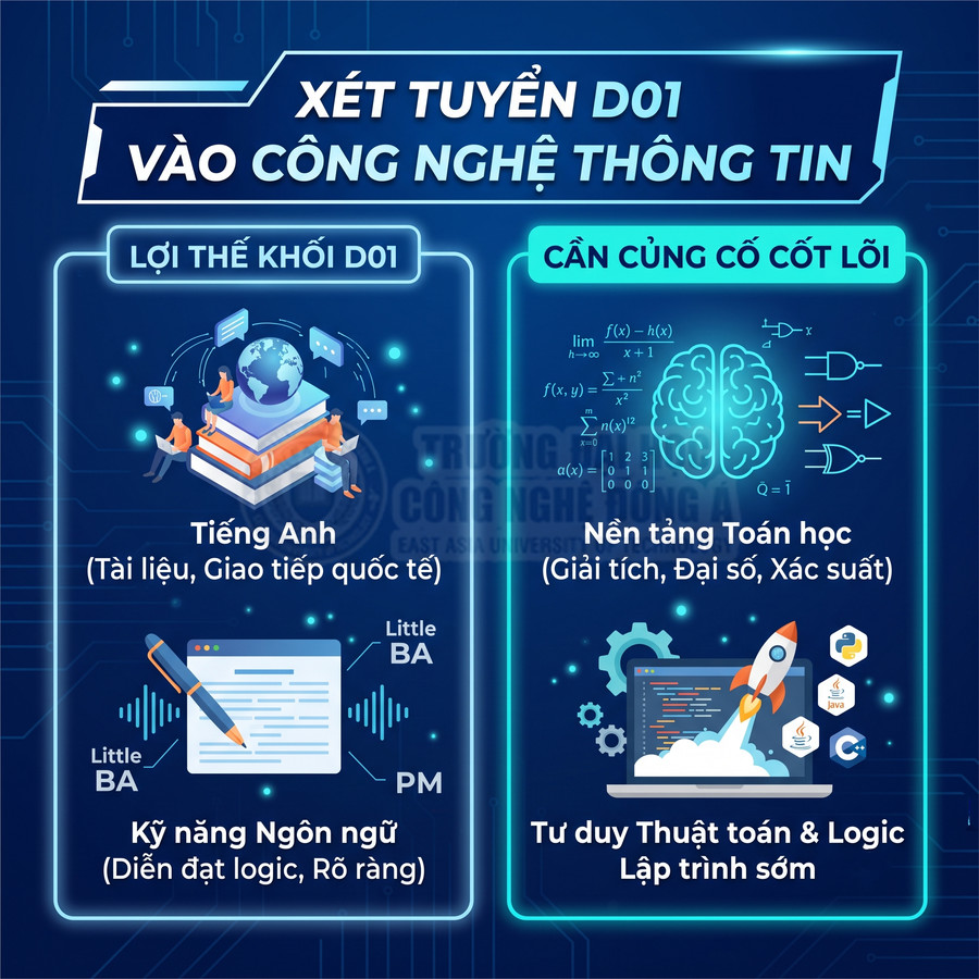 Poster giới thiệu lợi thế xét tuyển khối D01 vào ngành Công nghệ thông tin với tiếng Anh, toán học và tư duy lập trình