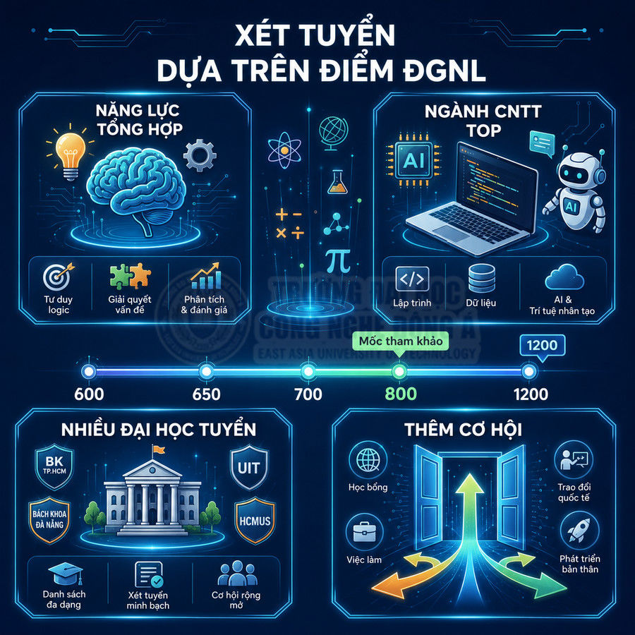 Infographic xét tuyển đại học dựa trên điểm đánh giá năng lực và cơ hội ngành công nghệ thông tin AI