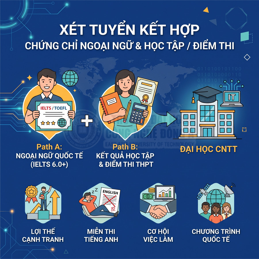 Poster tuyển sinh đại học CNTT xét tuyển kết hợp chứng chỉ IELTS TOEFL với kết quả học tập và điểm thi THPT