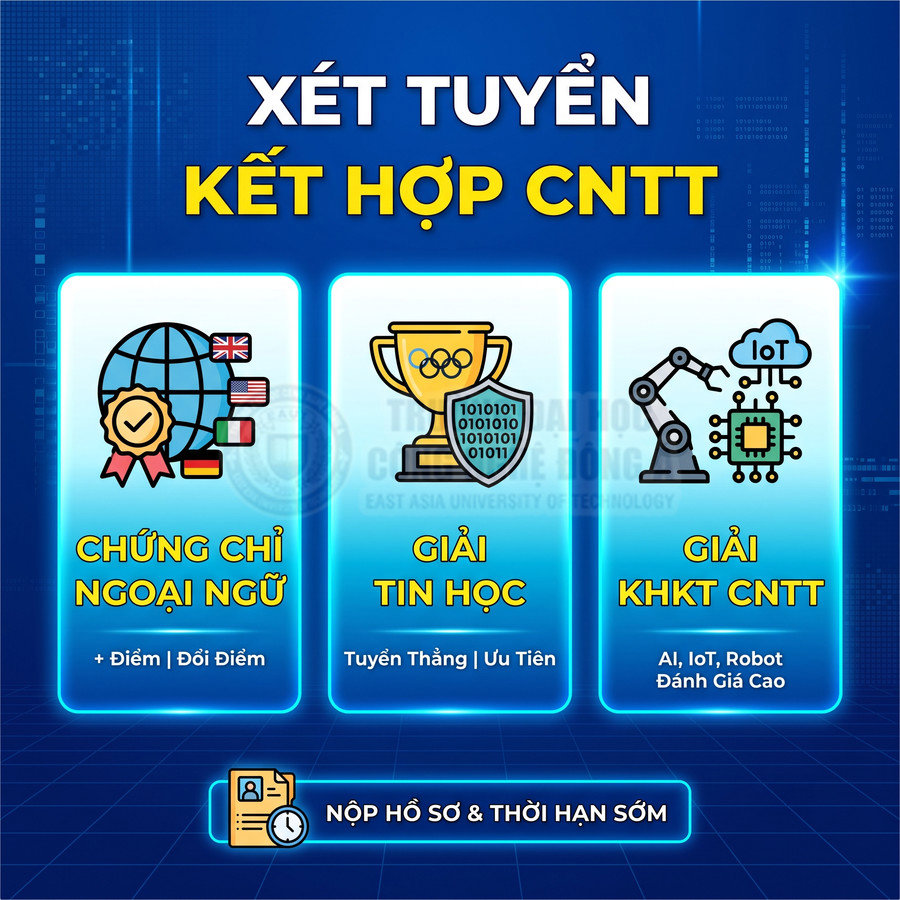 Poster xét tuyển kết hợp CNTT với chứng chỉ ngoại ngữ, giải tin học và giải khoa học kỹ thuật CNTT