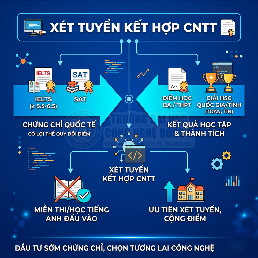 Xét tuyển kết hợp CNTT với chứng chỉ IELTS SAT, điểm học bạ và giải học sinh giỏi, ưu tiên cộng điểm và miễn thi tiếng Anh