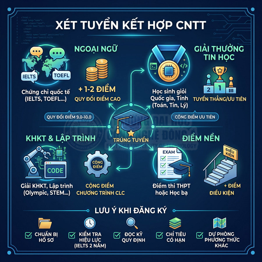 Infographic xét tuyển kết hợp CNTT với ngoại ngữ, giải thưởng tin học, điểm nền và lưu ý khi đăng ký