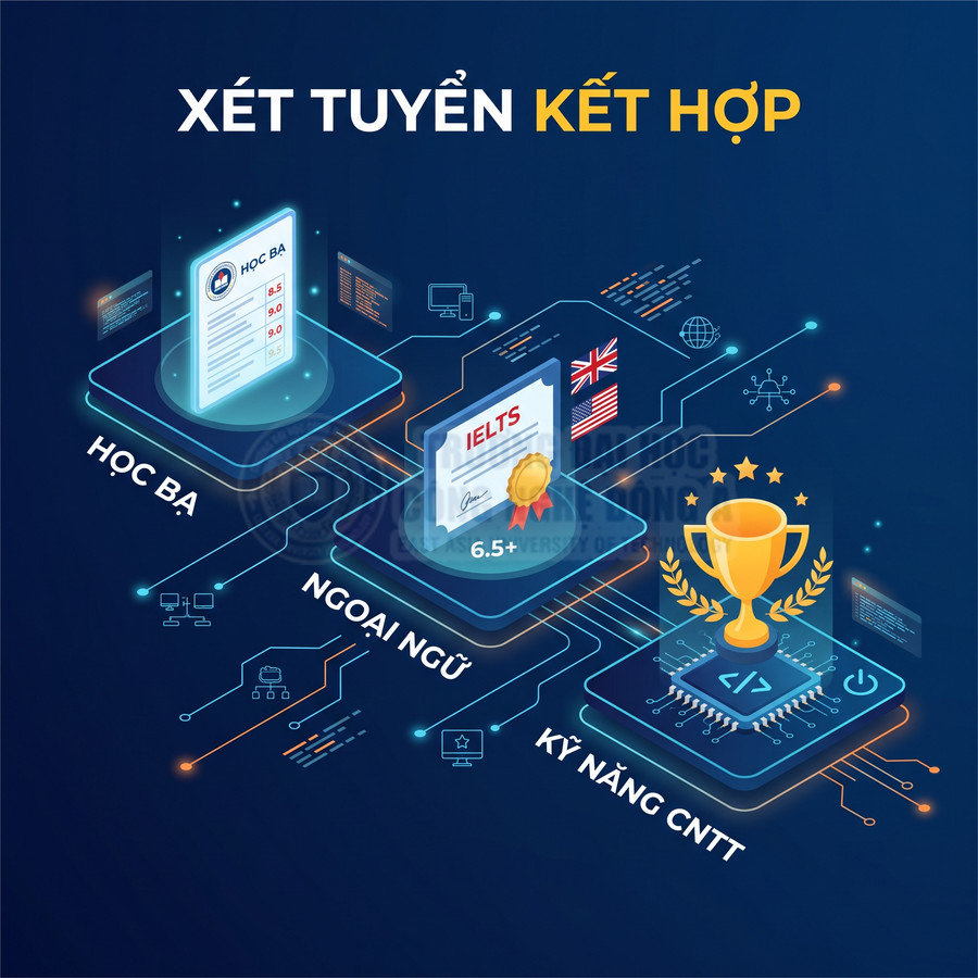 Xét tuyển kết hợp dựa trên học bạ, chứng chỉ IELTS ngoại ngữ và kỹ năng CNTT với cúp vàng nổi bật