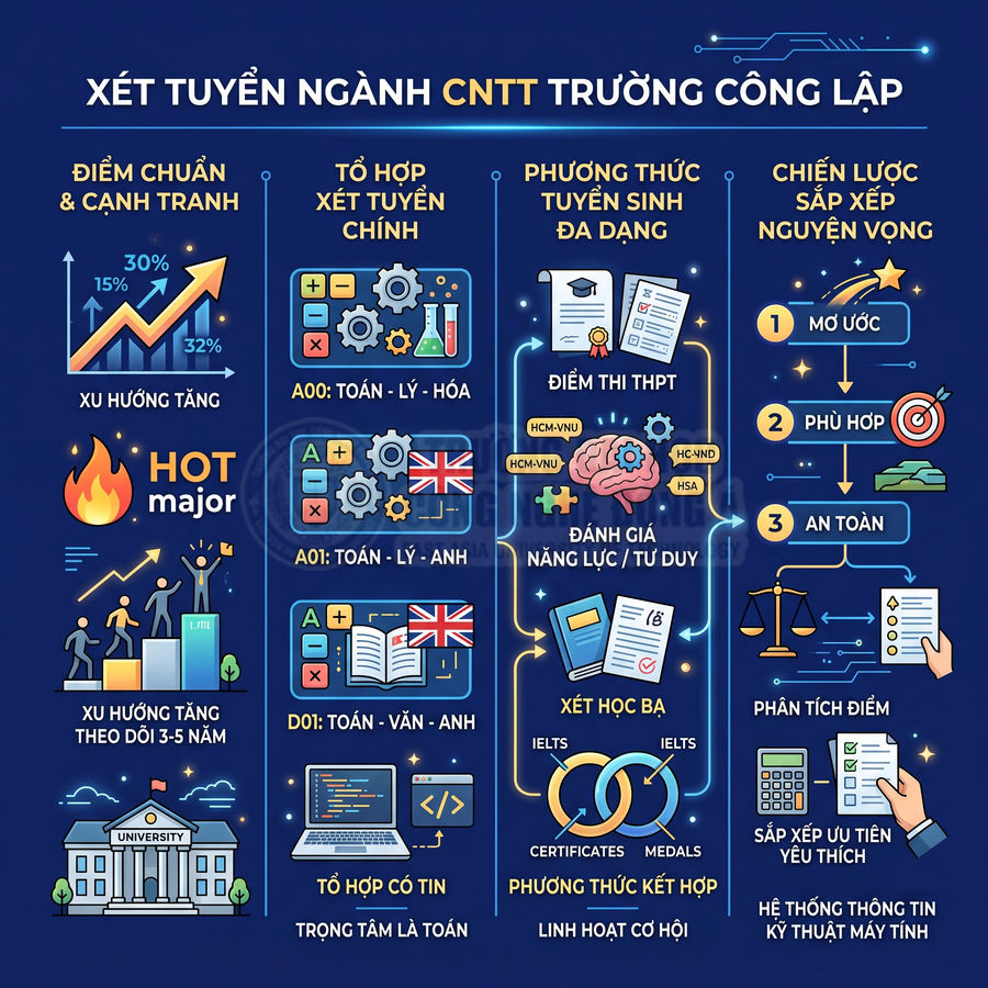 Infographic xét tuyển ngành công nghệ thông tin trường công lập với điểm chuẩn, tổ hợp môn, phương thức tuyển sinh và chiến lược nguyện vọng