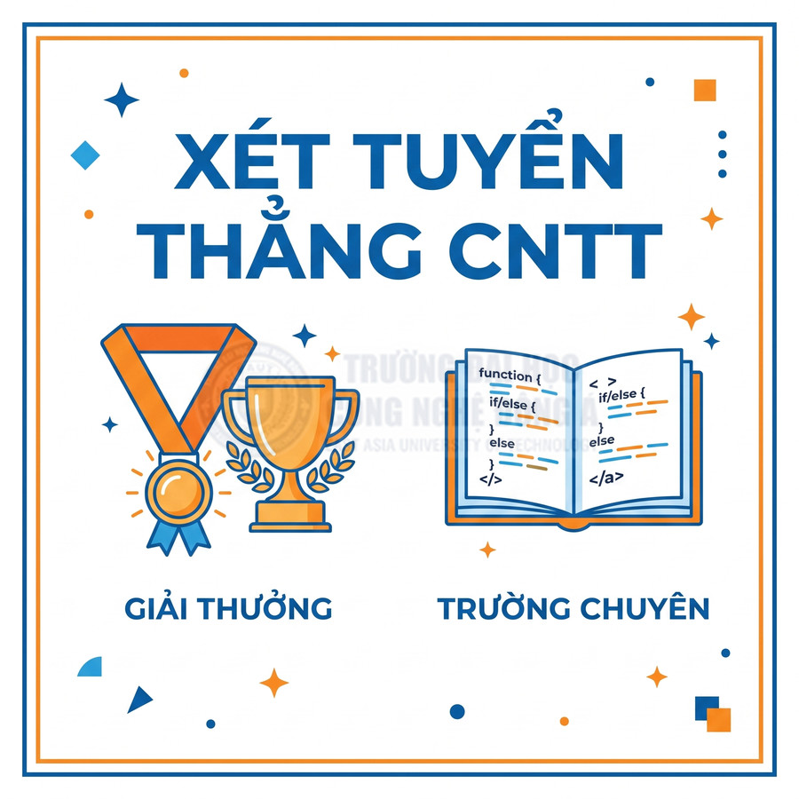 Poster xét tuyển thẳng ngành CNTT với biểu tượng huy chương cúp giải thưởng và sách lập trình trường chuyên