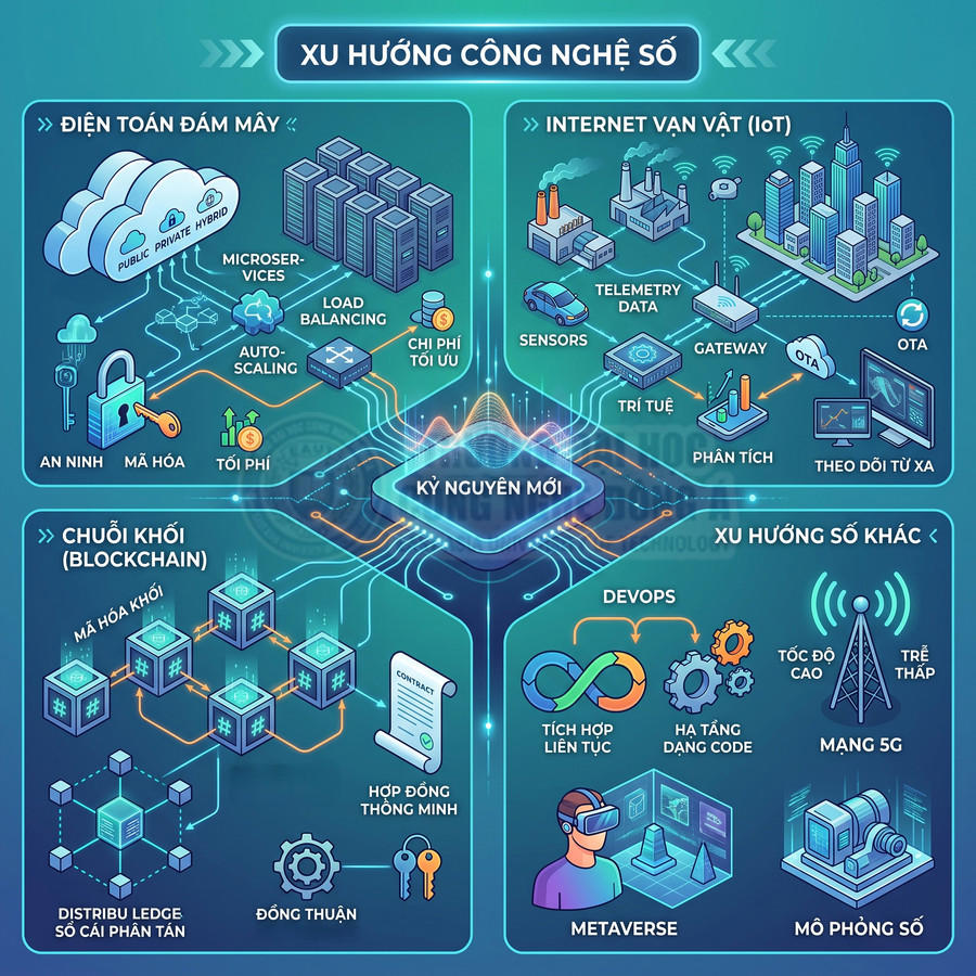 Infographic xu hướng công nghệ số với điện toán đám mây, IoT, blockchain, DevOps, mạng 5G, metaverse và mô phỏng số