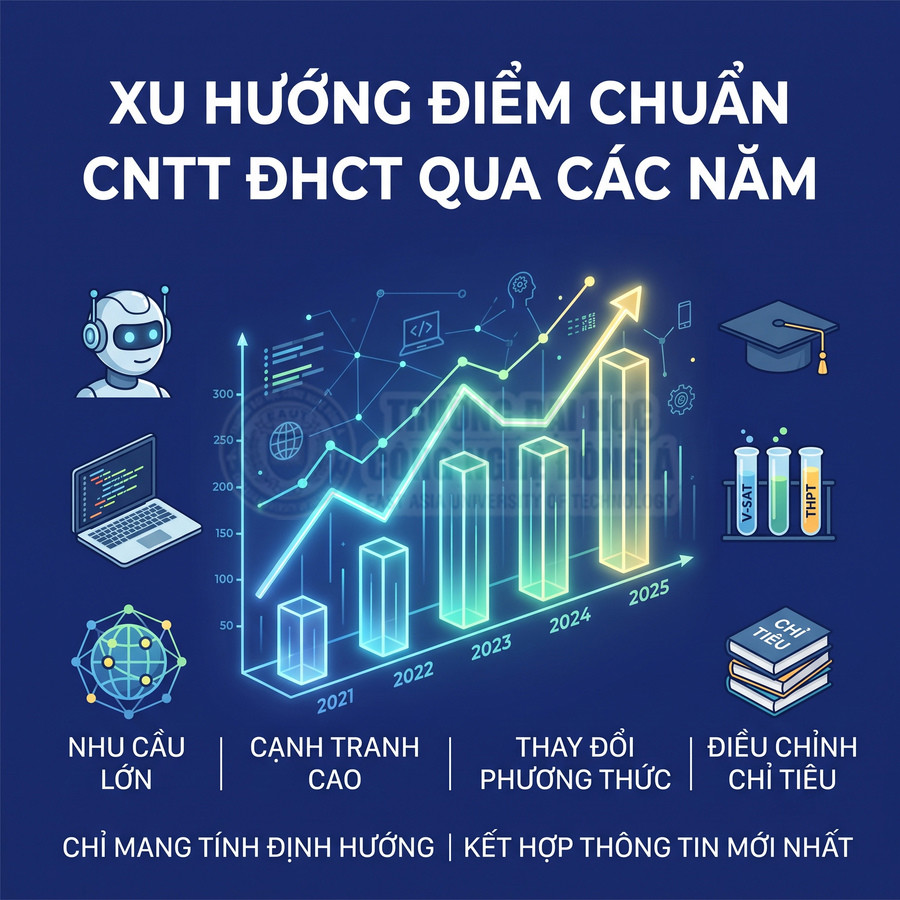 Biểu đồ xu hướng tăng điểm chuẩn ngành công nghệ thông tin ĐH Cần Thơ giai đoạn 2021 đến 2025