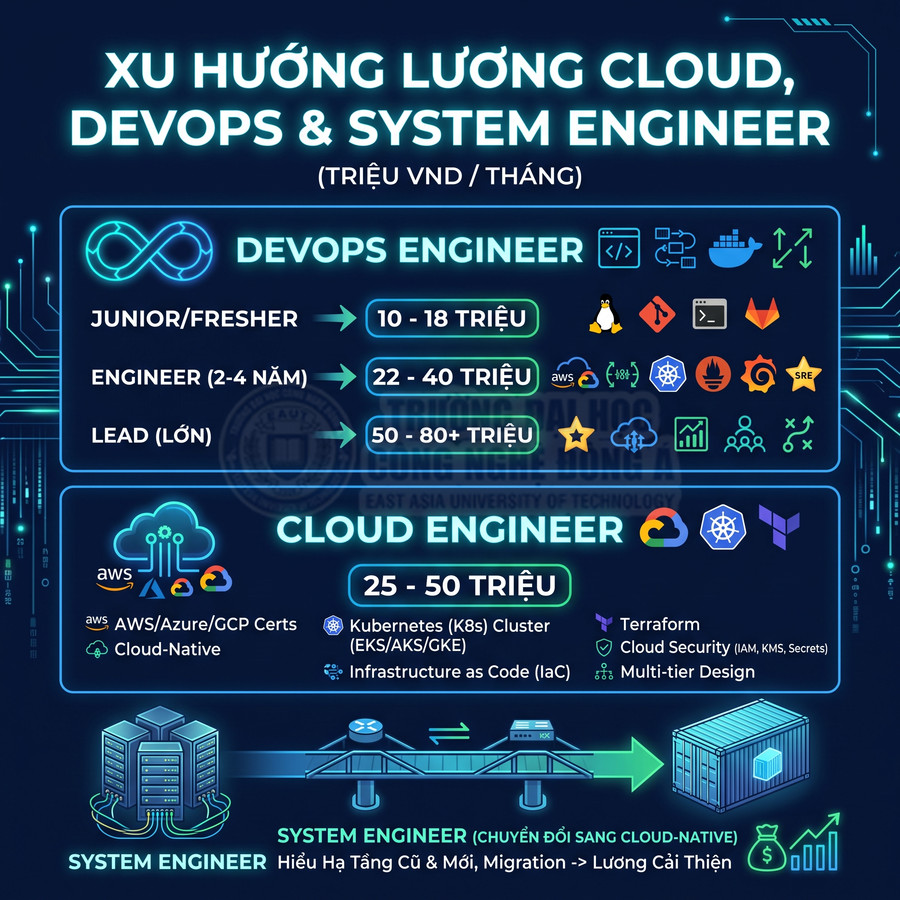 Infographic mức lương DevOps Engineer, Cloud Engineer, System Engineer tại Việt Nam theo cấp bậc
