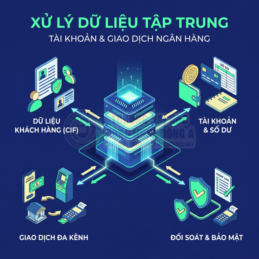Minh họa xử lý dữ liệu tập trung cho tài khoản và giao dịch ngân hàng với dữ liệu khách hàng, số dư, giao dịch đa kênh và bảo mật