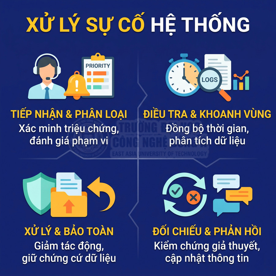 Các bước xử lý sự cố hệ thống: tiếp nhận, điều tra, bảo toàn dữ liệu và phản hồi thông tin