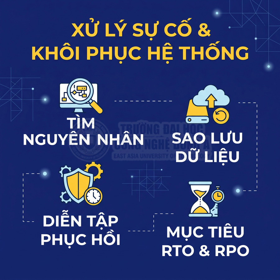 Các bước xử lý sự cố và khôi phục hệ thống gồm tìm nguyên nhân, sao lưu dữ liệu, diễn tập phục hồi và xác định mục tiêu RTO RPO