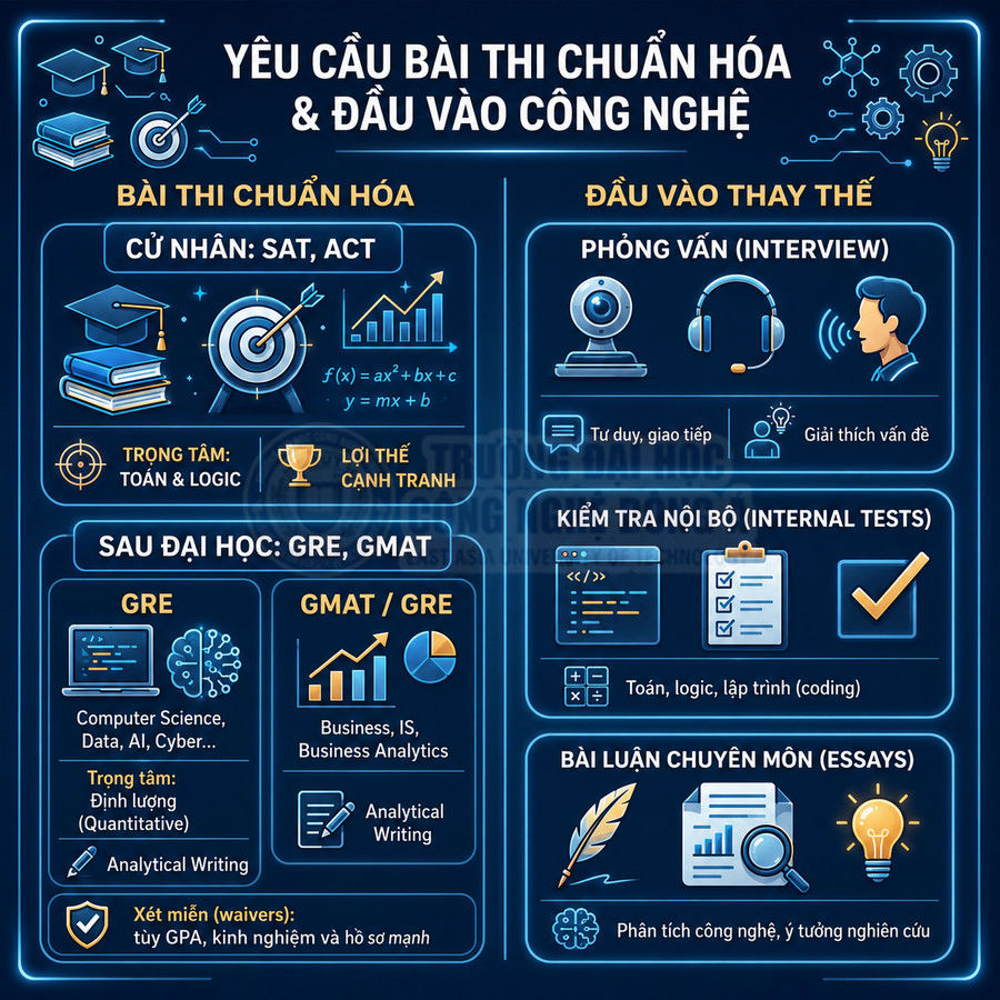 Infographic yêu cầu bài thi chuẩn hóa và đầu vào công nghệ cho bậc cử nhân và sau đại học