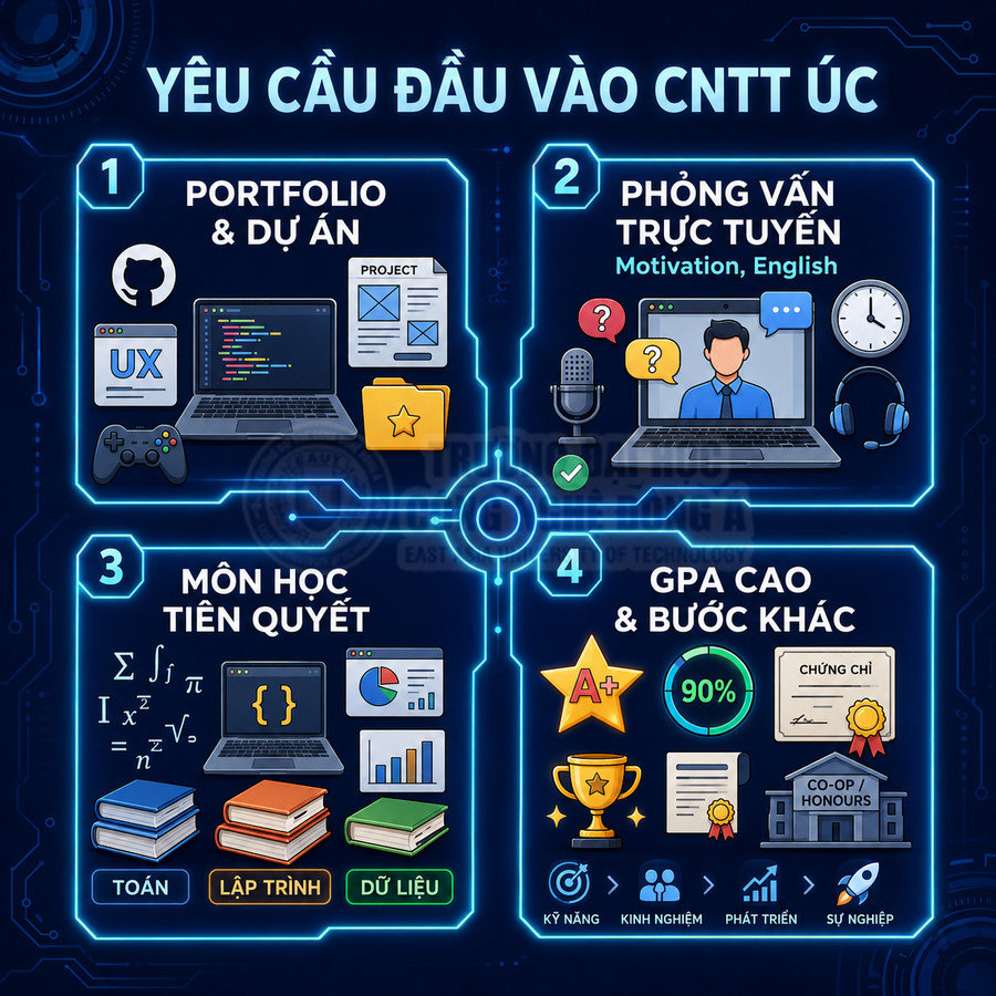 Infographic yêu cầu đầu vào ngành CNTT Úc gồm portfolio, phỏng vấn online, môn học tiên quyết và GPA cao