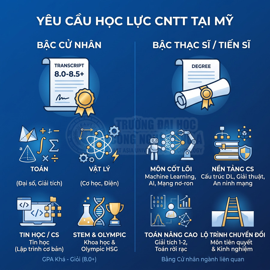 Yêu cầu học lực ngành CNTT tại Mỹ cho bậc cử nhân và thạc sĩ tiến sĩ trình bày bằng infographic