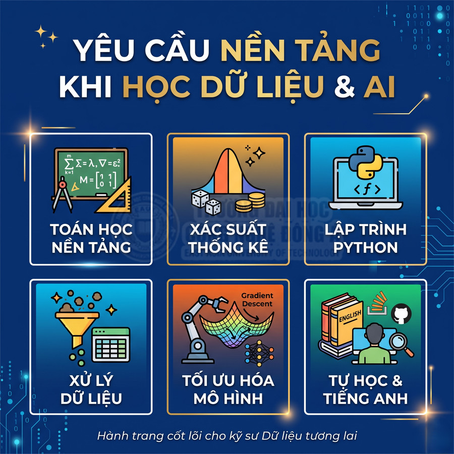 Yêu cầu nền tảng khi học dữ liệu và AI gồm toán, xác suất thống kê, Python, xử lý dữ liệu, tối ưu mô hình, tiếng Anh