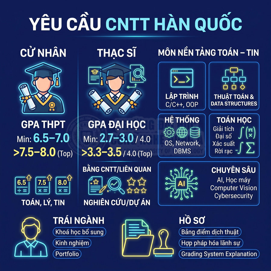 Infographic yêu cầu GPA, môn học và hồ sơ cho ngành CNTT bậc cử nhân thạc sĩ tại Hàn Quốc