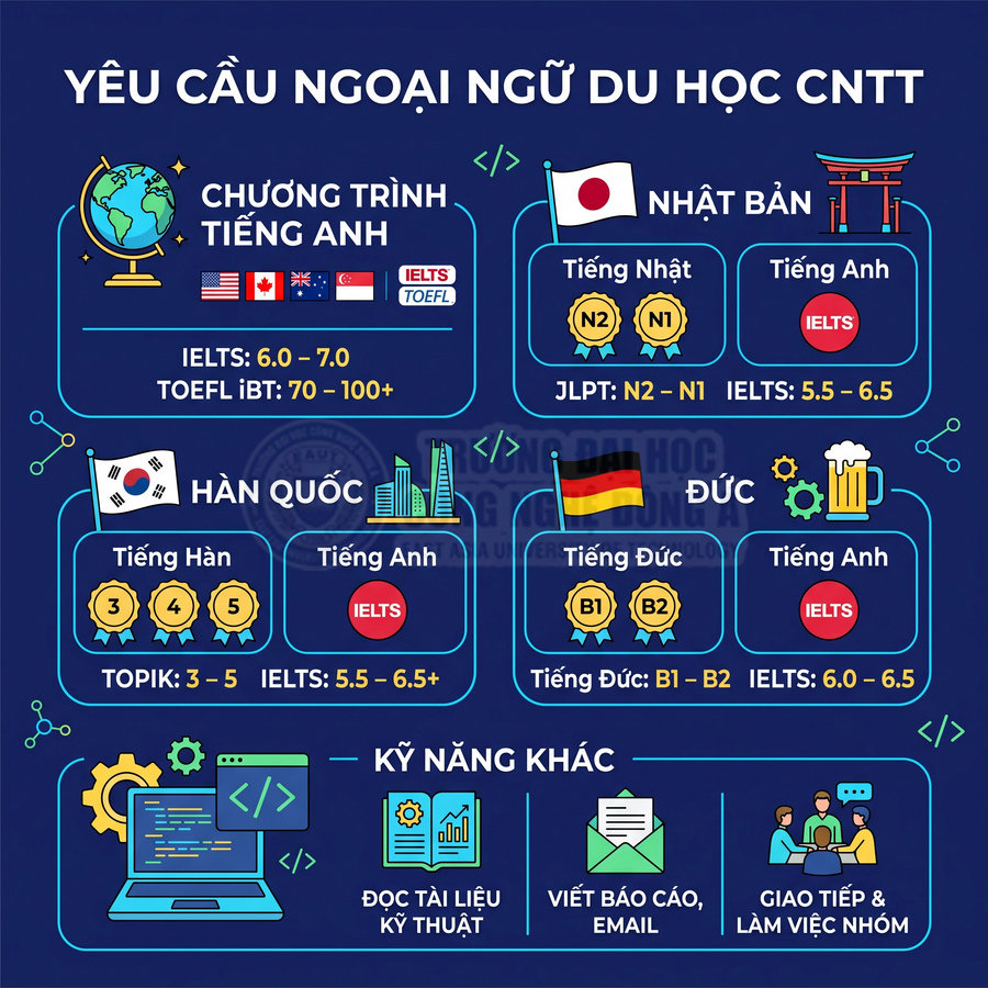 Infographic yêu cầu ngoại ngữ và kỹ năng khi du học công nghệ thông tin tại Anh Mỹ Nhật Hàn Đức
