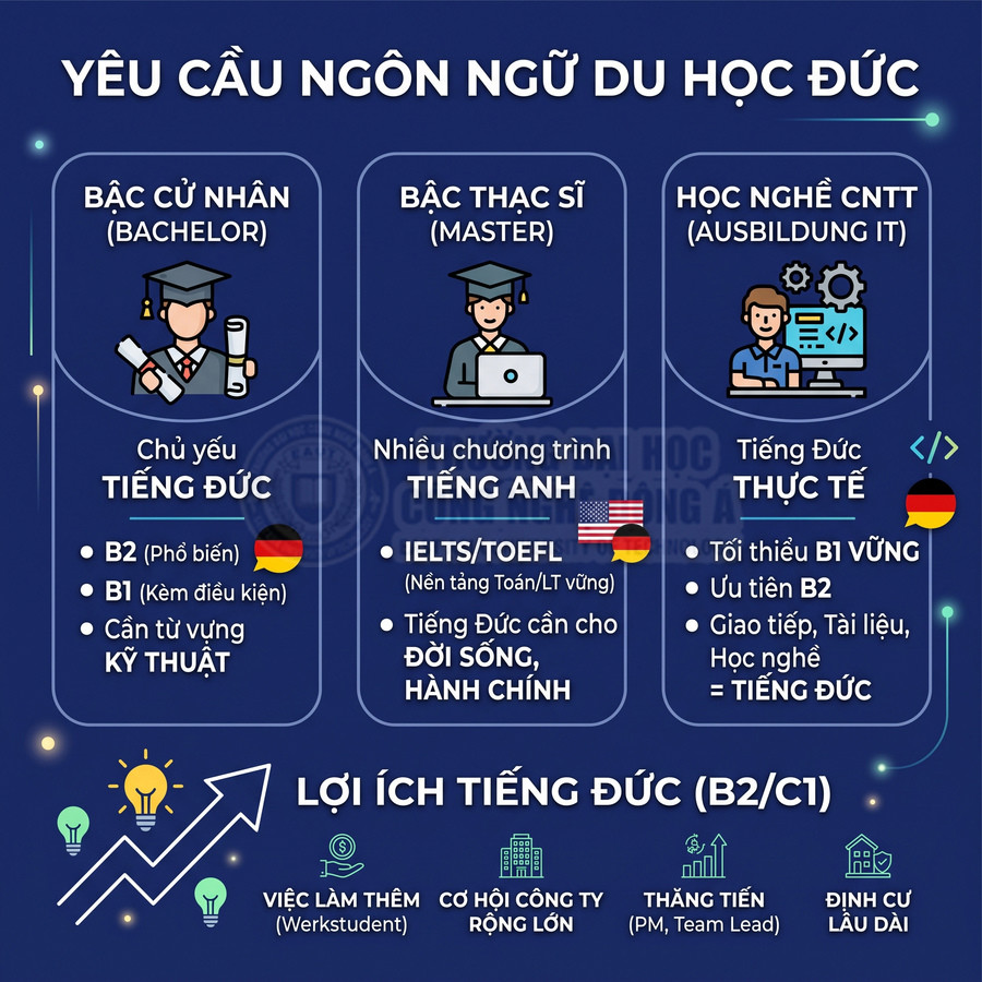 Infographic yêu cầu trình độ tiếng Đức và tiếng Anh khi du học Đức bậc cử nhân thạc sĩ và học nghề CNTT