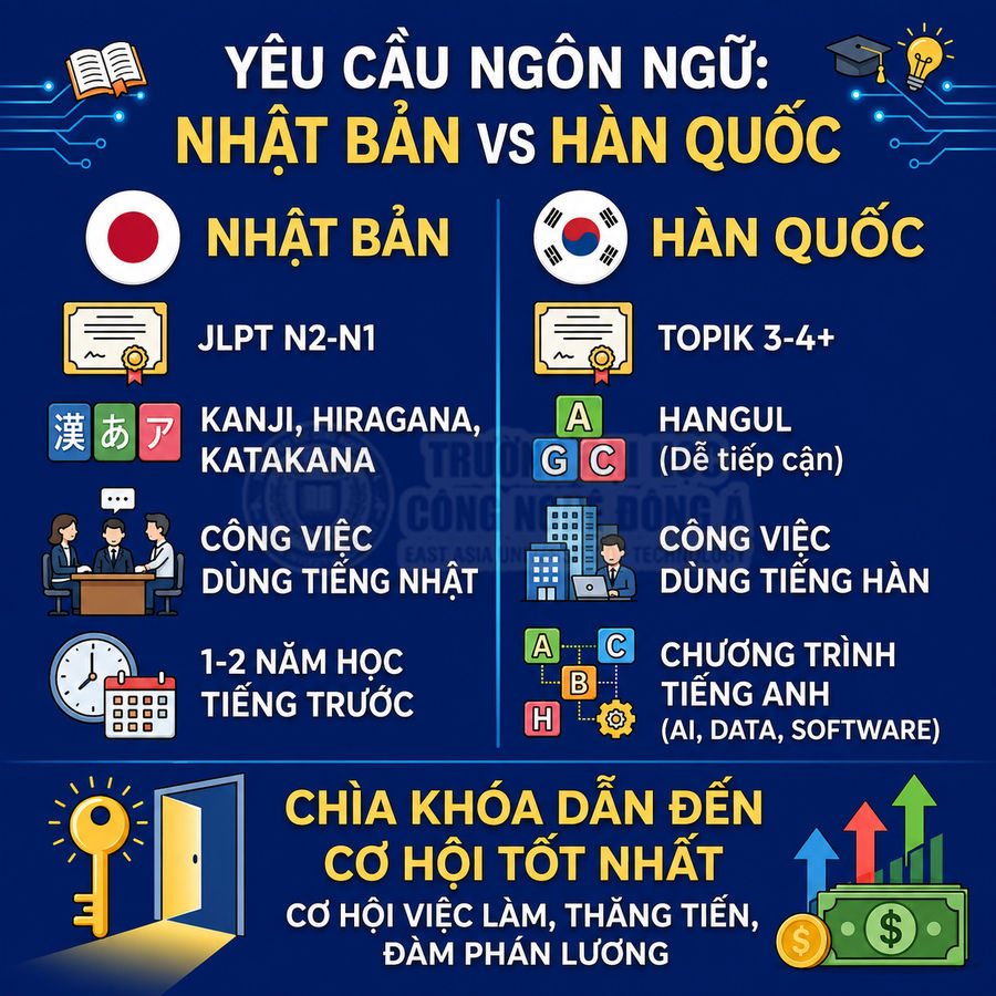 So sánh yêu cầu ngôn ngữ du học Nhật Bản và Hàn Quốc, nhấn mạnh JLPT, TOPIK và cơ hội việc làm