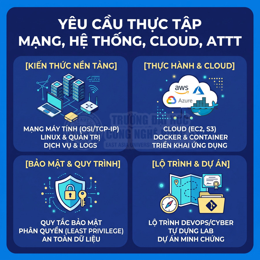 Yêu cầu thực tập mạng hệ thống cloud ATTT gồm kiến thức nền tảng bảo mật quy trình lộ trình và dự án DevOps