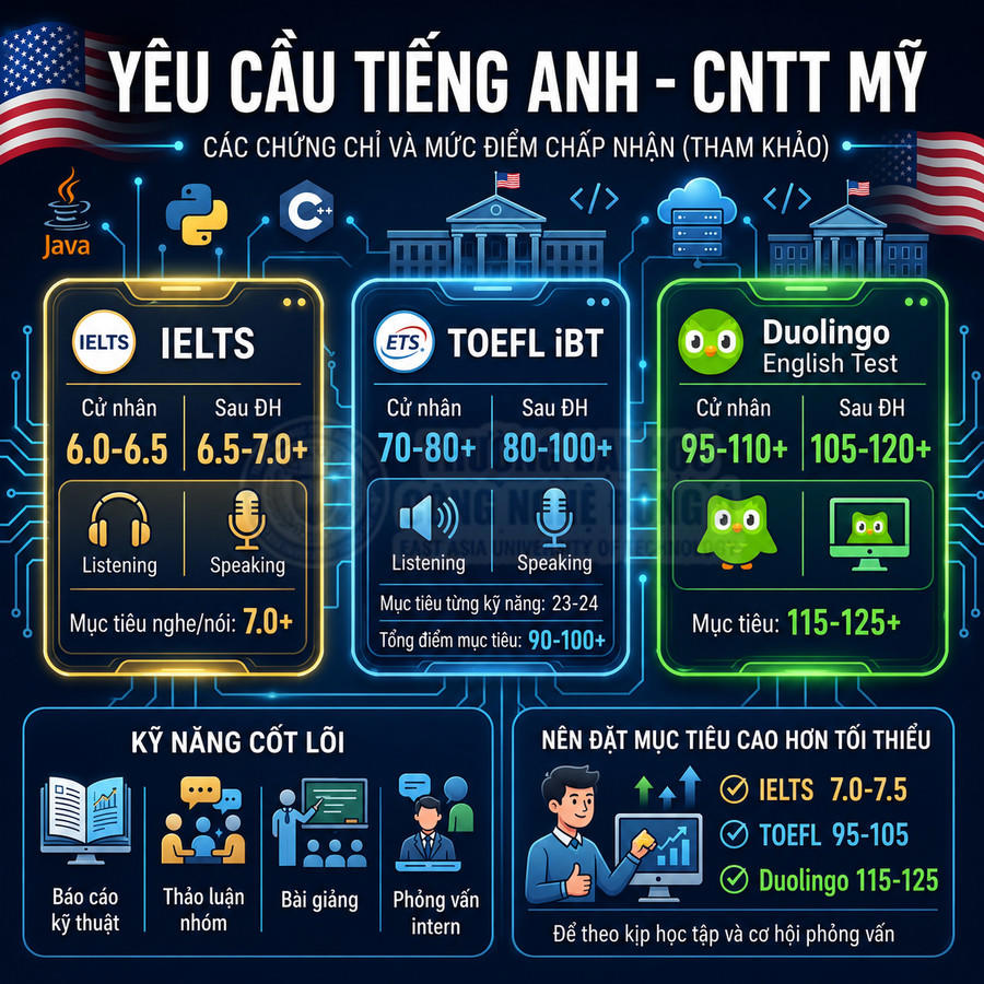 Infographic yêu cầu tiếng Anh ngành CNTT Mỹ với điểm chuẩn IELTS TOEFL iBT Duolingo và kỹ năng cần thiết