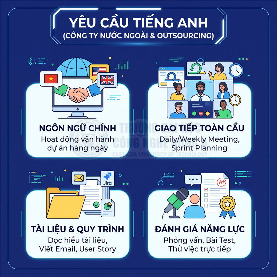Infographic yêu cầu tiếng Anh trong công ty nước ngoài và outsourcing với các mục ngôn ngữ chính, giao tiếp, tài liệu, đánh giá